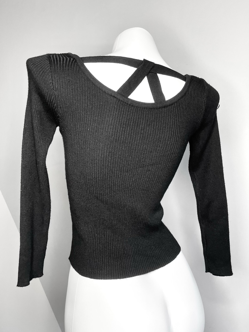 Black Ribbed Long-Sleeve Top Back Strap Detail